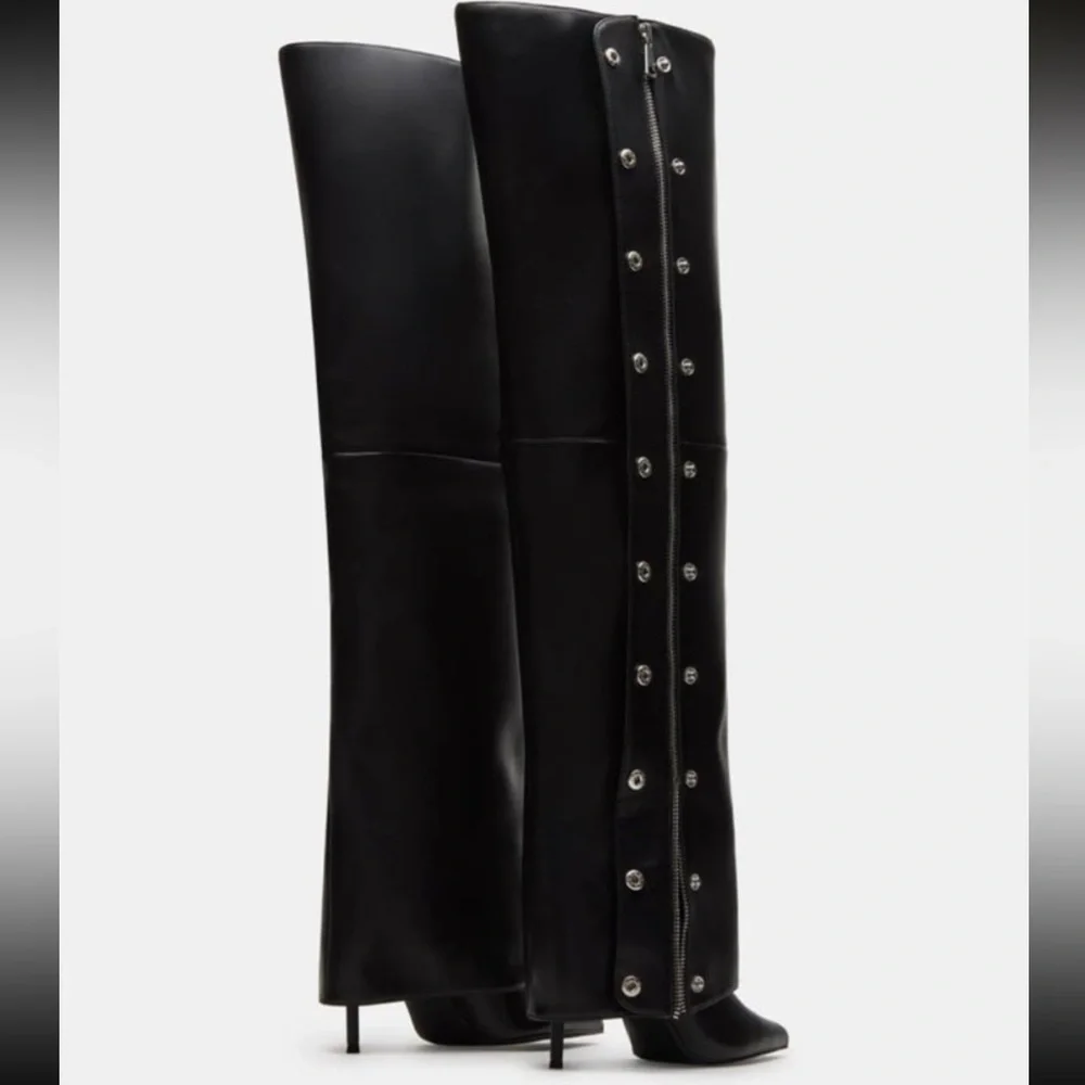 Steve‎ Madden Stone Black Leather Knee-High Women's Heeled Buttoned Boots